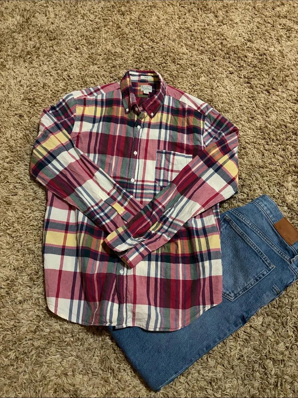 Men's J Crew Indian Madras Plaid Button-Down Shirt size L Slim Fit